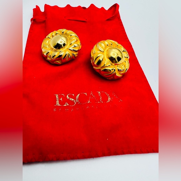 ESCADA 1980s Rare Vintage Goldtone Button Disc Clipon Signed Earrings & Dust Bag - Picture 2 of 6
